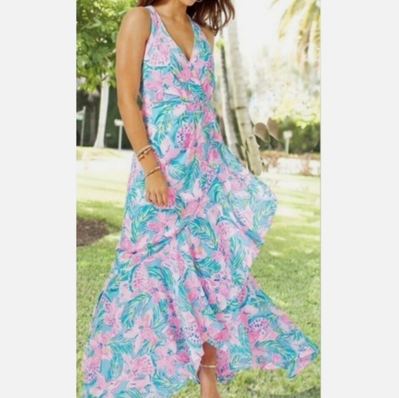 Lilly Pulitzer Maxi Dress Size 8 Taylee Blue Ibiza Gimme the Juice Blue/Pink - Picture 4 of 16